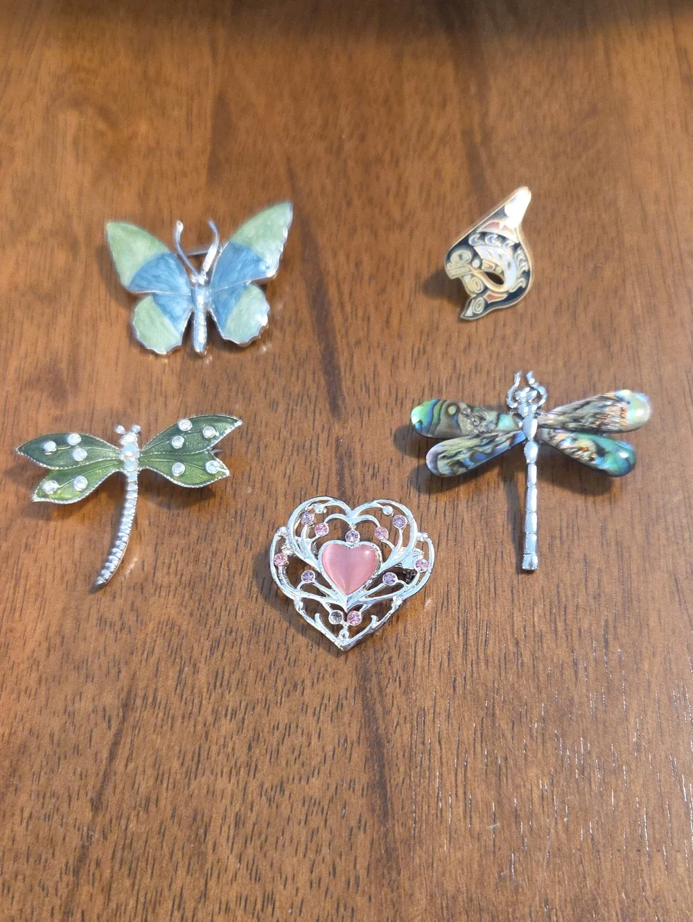 Enamel Butterfly, Dragonfly & Heart Brooch Set - Pink & Green